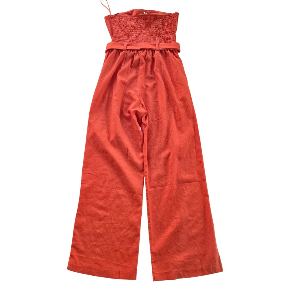 Monteau Los Angeles NWT Orange Strapless Linen Blend Wide Leg Belted Jumpsuit M - Picture 3 of 12